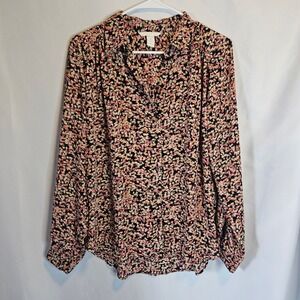 H&M Floral Blouse‎ Long Sleeve Button Down Shirt Black Pink Women's M